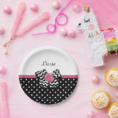 キュート黒ドットピンクローズシェブロン弓と名前 ペーパープレート (パーティー)