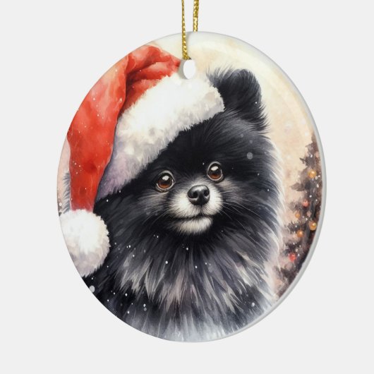 キュート黒ポメラニア犬水彩クリスマス セラミックオーナメント (左)