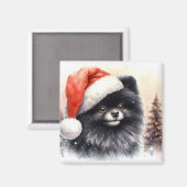 キュート黒ポメラニア犬水彩クリスマス マグネット (正面/裏面)