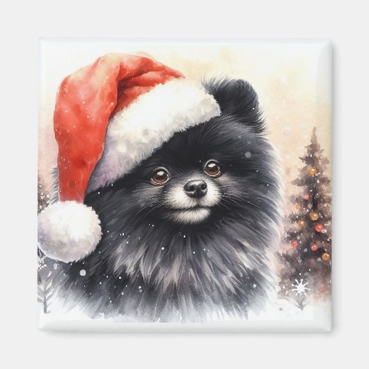 キュート黒ポメラニア犬水彩クリスマス マグネット (正面)