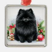 キュート黒ポメラニア犬水彩クリスマス メタルオーナメント (正面)