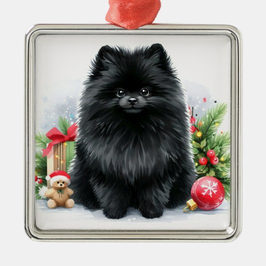 キュート黒ポメラニア犬水彩クリスマス メタルオーナメント (正面)