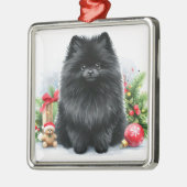 キュート黒ポメラニア犬水彩クリスマス メタルオーナメント (左)