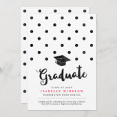 キュート黒水玉模様卒業キャップ 案内状 (正面/裏面)