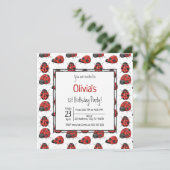 キュート黒赤ラディバグパターン1st誕生日パーティー 招待状 (スタンド正面)