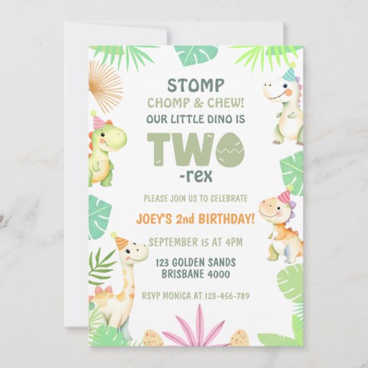 キュート2レックス恐竜2回目の誕生日パーティー 子供へ 招待状 (正面)