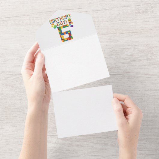 キュート6誕生日ギフト6歳ブロック建物 オールインワン招待状 (貼ってはがせる)