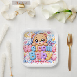 キュート かわいい ウェルカム 赤ちゃん テディベア パステル ピンク ネ ペーパープレート