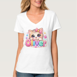 キュート かわいい オリバー 猫 名前 パステル ピンク スパークル Tシャツ