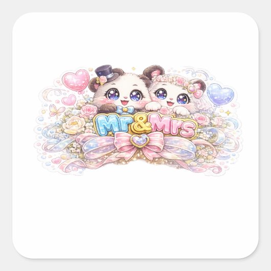 キュート かわいい パンダ夫婦 パステルピンク スクエアシール (正面)