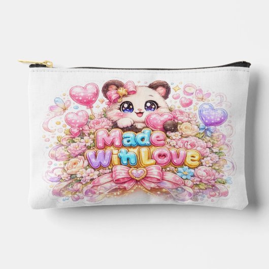 キュート かわいい メイドウィズラブ ネコ 名前 淡いピンク フ アクセサリーポーチ (正面)