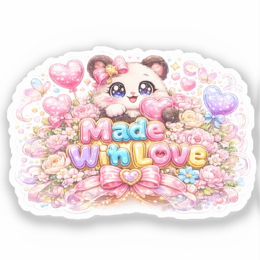 キュート かわいい メイドウィズラブ ネコ 名前 淡いピンク フ シール (正面)