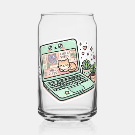 キュート かわいい リラックス ラップトップ 猫 植木鉢付き観葉植物 ステッカー ガラス缶