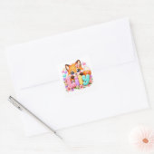 キュート かわいい リリー ギツネ 名前 淡いピンク 花柄 木 スクエアシール (封筒)