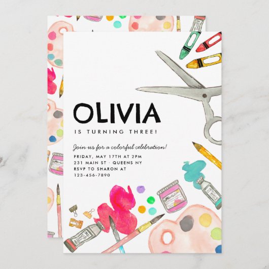 キュート・アート絵を描アーティスト・ドローパーティー絵を描の誕生日 招待状 (正面/裏面)