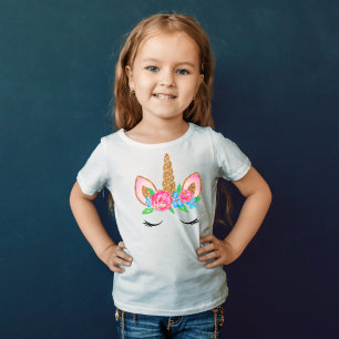 キュート ゴールド グリッター ユニコーン フローラル Tシャツ