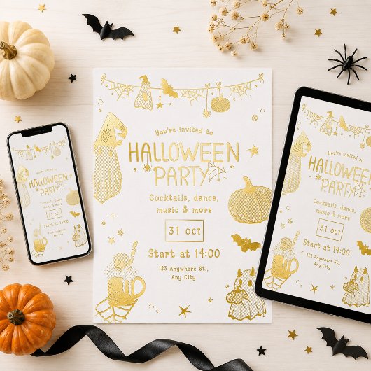 キュート ゴールド スプーキー ハロウィンパーティー 箔招待状