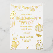 キュート ゴールド スプーキー ハロウィンパーティー 箔招待状 (正面)