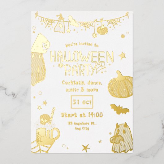 キュート ゴールド スプーキー ハロウィンパーティー 箔招待状 (正面)