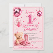 キュート ディスコ ピンク カウガール 1歳の誕生日 招待状 (正面)