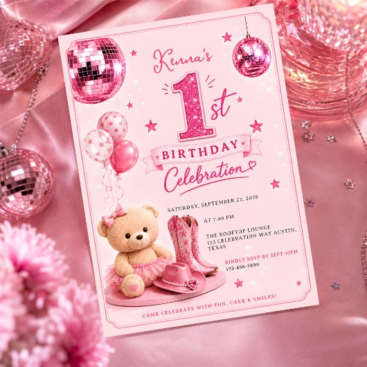 キュート ディスコ ピンク カウガール 1歳の誕生日 招待状