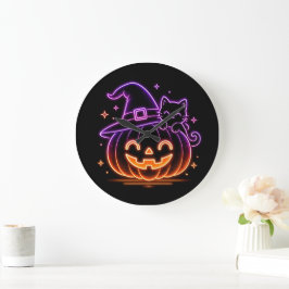 キュート ネオン ハロウィン パンプキン 猫 壁掛け時計 ラージ壁時計