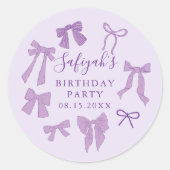 キュート・パープル・ボウズ誕生日パーティーのお願い ラウンドシール (正面)