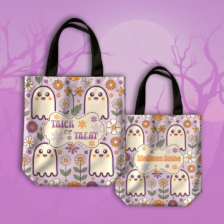 キュート パープル レトロ グルービー トリック オア トリート ハロウィン トートバッグ