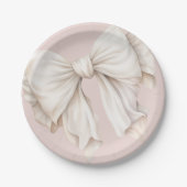 キュート フェミニン アイボリー ホワイト ボウ オン ピンク ペーパープレート (正面)