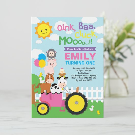 キュート&フガーリーァーム誕生日納屋周囲の庭動物パーティー 招待状 (スタンド正面)
