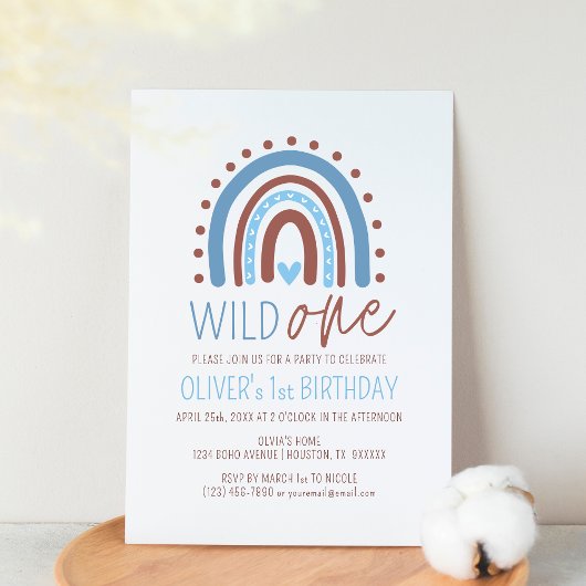 キュート ワイルド ワン ボホー レインボー ブルー 男の子 誕生日 1歳 招待状