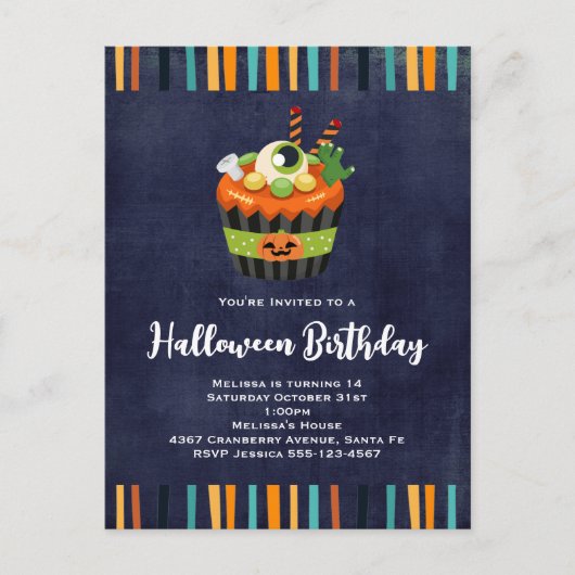 キュート&不気味なハロウィーンカップケーキパーティの招待状 インビテーションポストカード (正面)