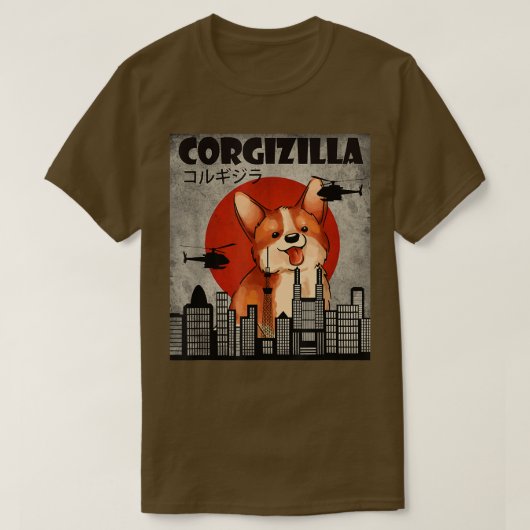 キュートCorgi、CorgiZillaおもしろい、日本のスタイル Tシャツ (デザイン正面)