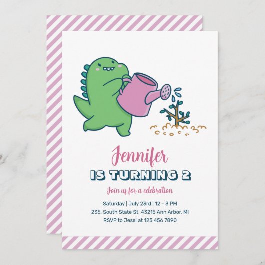 キュートDinoガーデニングキッズ恐竜誕生日 招待状 (正面/裏面)