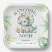 キュートDinoトリケラトプス恐竜の緑のベビーシャワー ペーパープレート (正面)