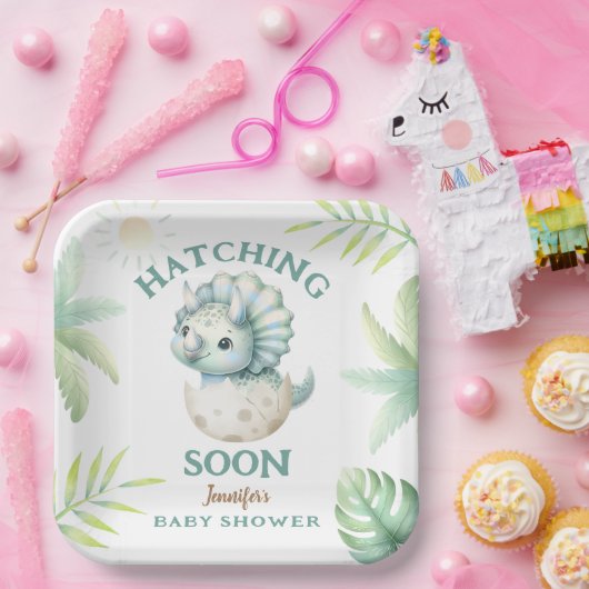 キュートDino Triceratops恐竜の男の子の赤ちゃんシャワー ペーパープレート (パーティー)