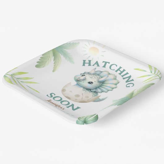 キュートDino Triceratops恐竜の男の子の赤ちゃんシャワー ペーパープレート (傾斜あり)