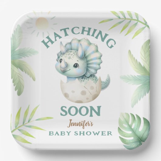 キュートDino Triceratops恐竜の男の子の赤ちゃんシャワー ペーパープレート (正面)