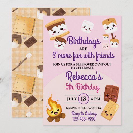キュートSモーレスキャンプアウトバースデーパーティー 招待状 (正面/裏面)