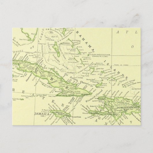 キューバのヴィンテージ地図, カリブ海諸島 & バハマ ポストカード (正面)