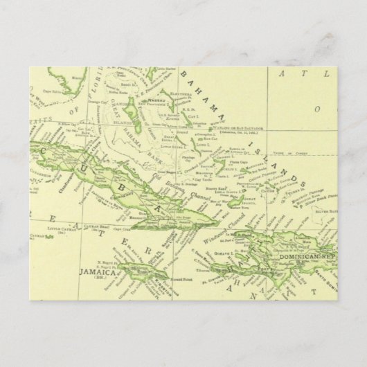 キューバのヴィンテージ地図, カリブ海諸島 & バハマ ポストカード (正面)