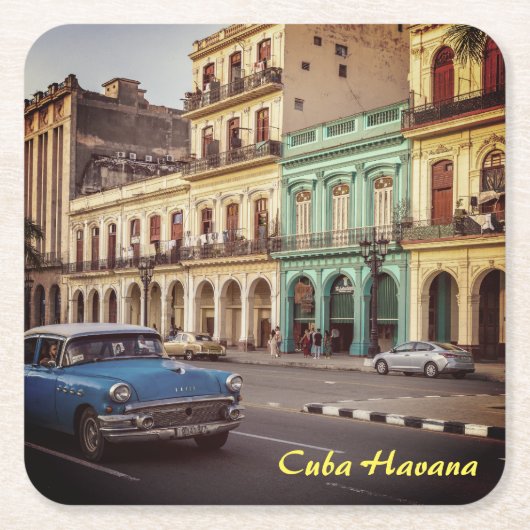 キューバハバナヴィンテージクラシック車の街並 スクエアペーパーコースター (正面)
