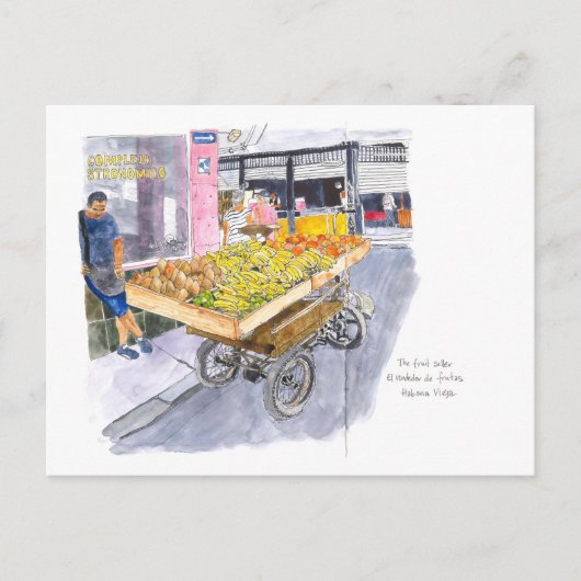 キューバ，オールドハバナの果物売り ポストカード (正面)