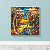 キュービズムの秋の森と川と牧草地 キャンバスプリント (インサイチュ (ウッドフロア))