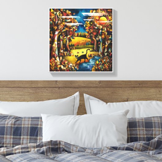 キュービズムの秋の森と川と牧草地 キャンバスプリント (インサイチュ (寝室))