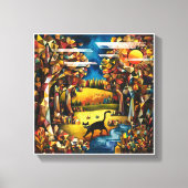 キュービズムの秋の森と川と牧草地 キャンバスプリント (正面)