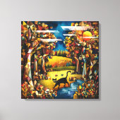 キュービズムの秋の森と川と牧草地 キャンバスプリント (正面)