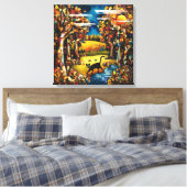 キュービズムの秋の森と川と牧草地 キャンバスプリント (インサイチュ (寝室))