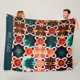 キュービックフラワーレッドフローラレトロ フリースブランケット