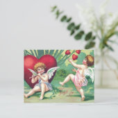 キューピッよくはしゃぐズレトロかわいいヴィンテージバレンタインハート シーズンポストカード (スタンド正面)